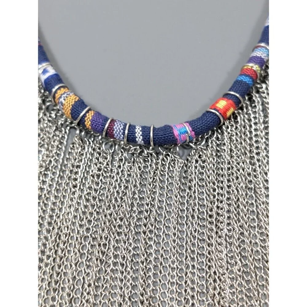 Boho Fringe Necklace Tribal Fabric Cord Waterfall  Chain‎ Statement Festival 23